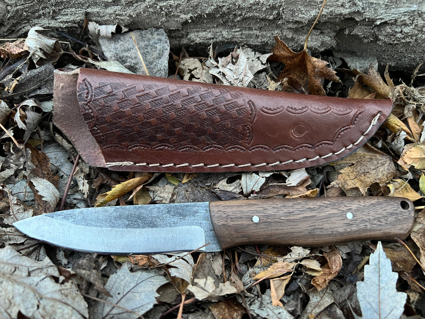 hand made full tang survival knife with black walnut handle and leather sheath